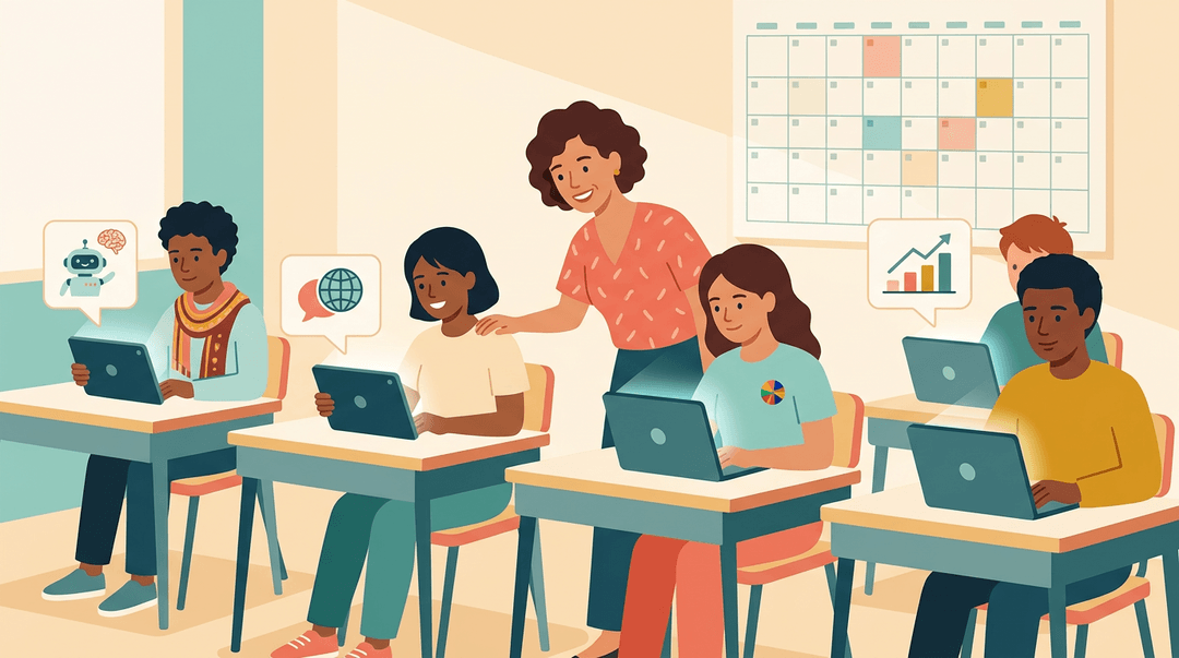 A teacher guides diverse students using tablets with AI and learning icons in a bright classroom.