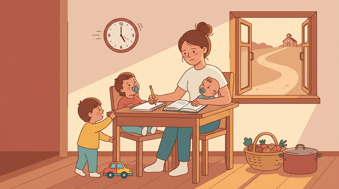 A tired teen girl studies at a table while caring for two younger siblings in a rural home, with a school visible down the road.