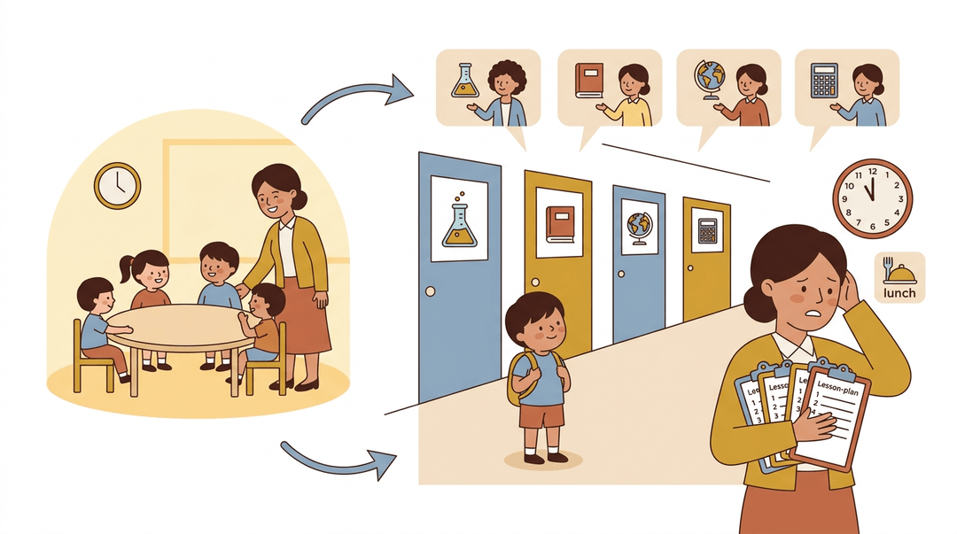 A child moves from class to subject-specific rooms while a teacher manages multiple lesson plans near lunchtime.