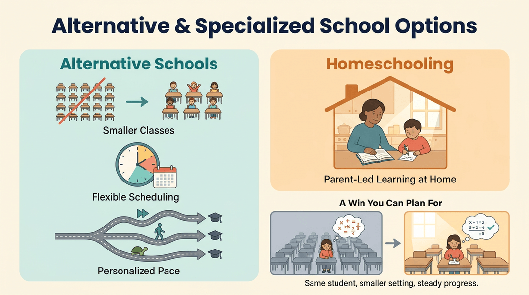 Infographic comparing alternative schools and homeschooling, highlighting smaller classes, flexible scheduling, and personalized pace for student success.