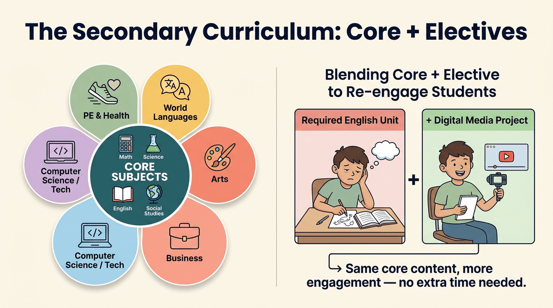 Infographic showing core subjects as a hub surrounded by electives, plus comic panels illustrating increased student engagement through digital media projects.