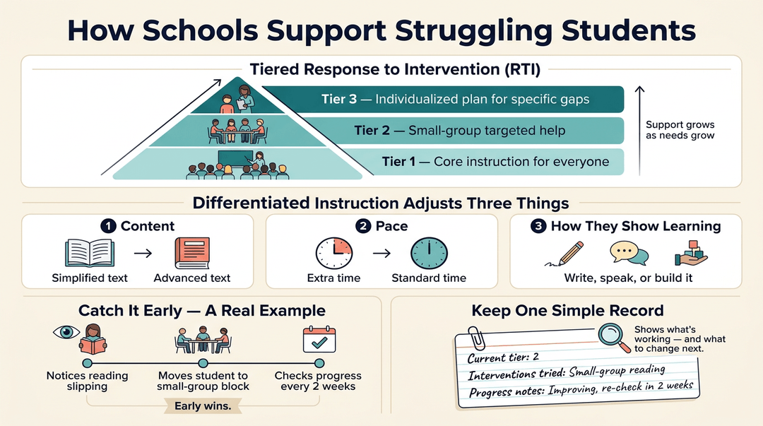 Infographic showing RTI tiers, differentiated instruction methods, and an example of early intervention tracking for struggling students.