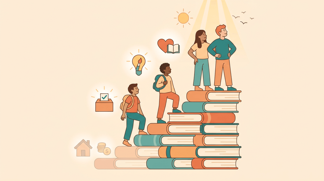 Diverse teens climb a staircase of books past milestones toward sunlight, symbolizing growth and opportunity.