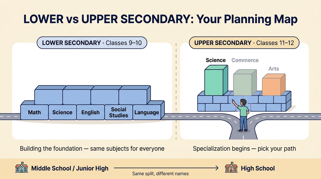 Educational infographic comparing lower and upper secondary education using a foundation wall that splits into specialized towers.
