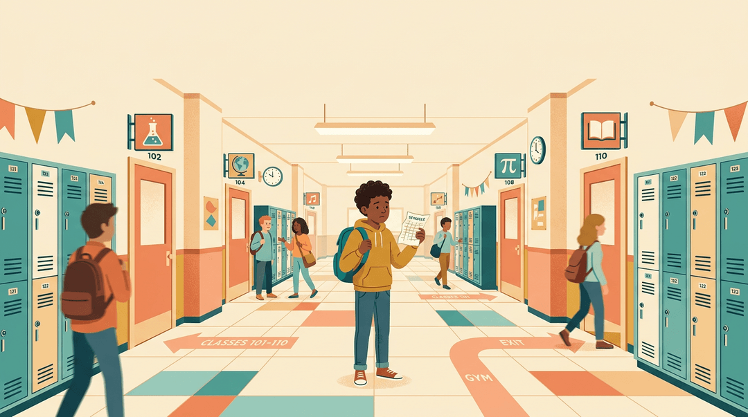 A student with a backpack stands confused in a school hallway, comparing a crumpled schedule to room numbers near labeled classroom doors.
