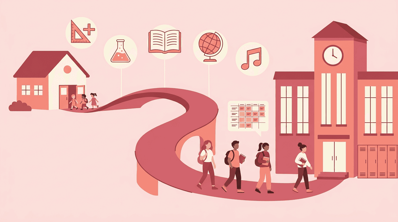 A path connects an elementary school to a secondary building with floating subject icons, symbolizing the transition from early childhood to advanced education.