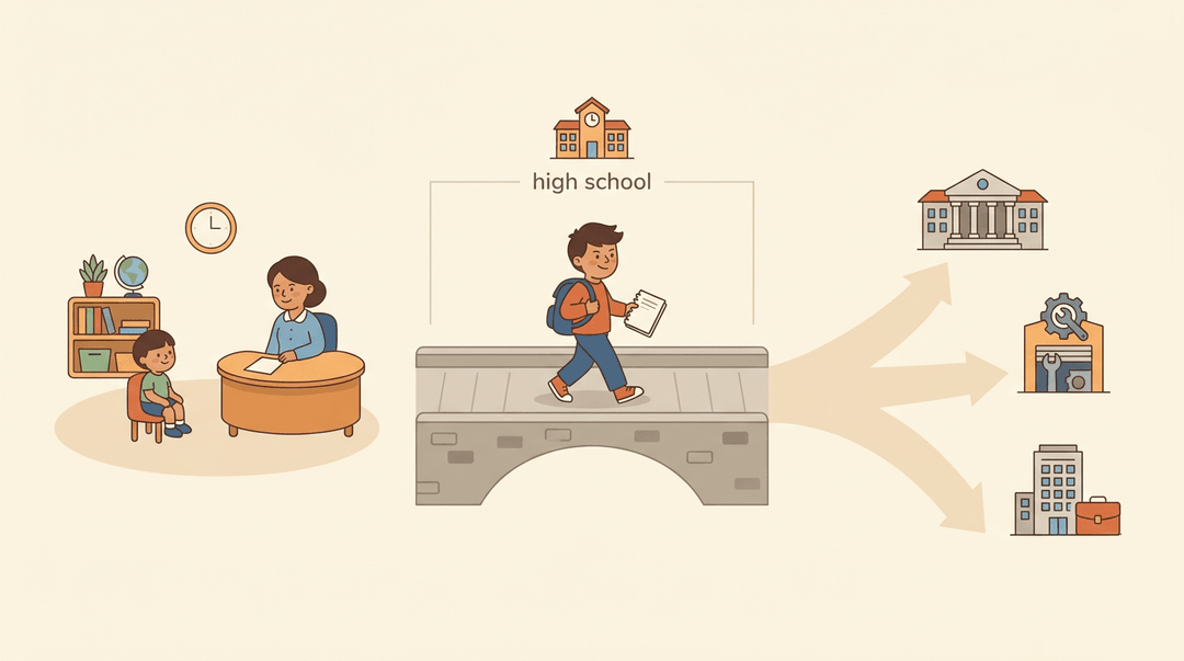 Teenager crosses a bridge from elementary school toward three post-secondary paths: college, vocational training, or the workforce.