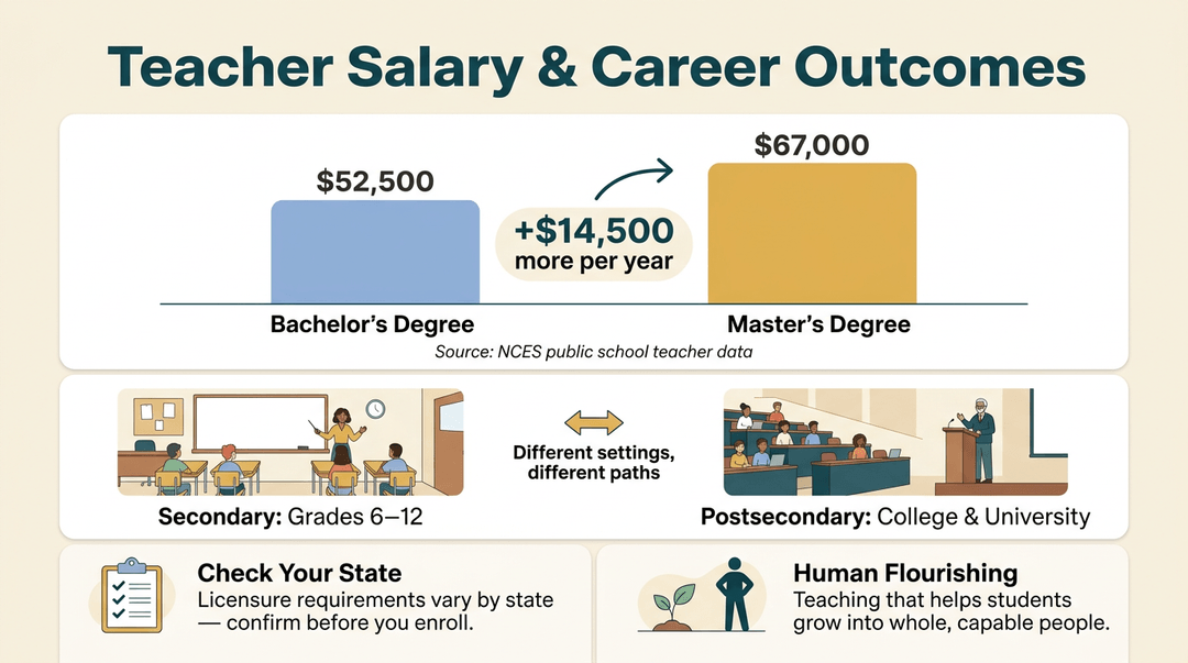 Infographic comparing teacher salaries by degree, showing career paths in secondary and postsecondary education with state licensure tips.