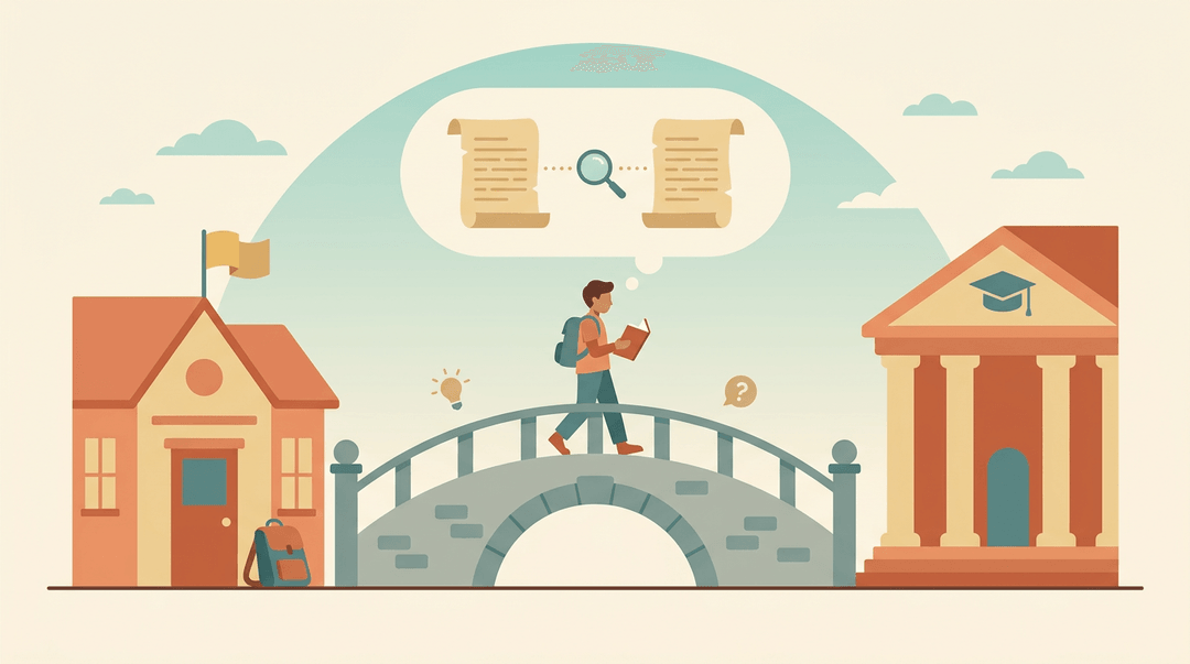 Student crosses a bridge from school to college, holding a book and comparing scrolls to symbolize critical thinking.
