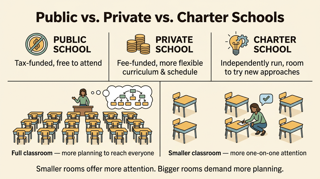 Chart comparing public, private, and charter schools, contrasting crowded classrooms with large planning needs against smaller rooms offering more attention.