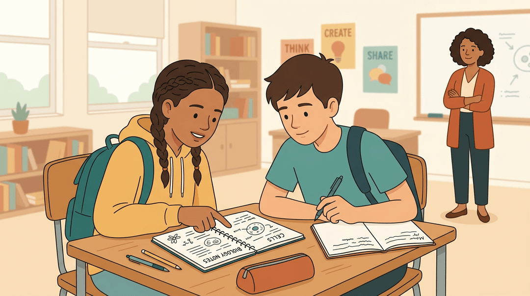 Two middle-school students collaborate at a desk while their teacher observes them quietly in the background.