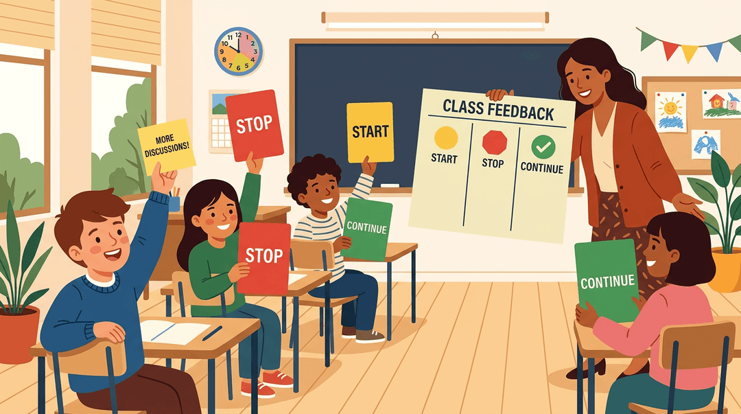 A teacher holds a three-column chart in a classroom where students hold up colored cards and sticky notes.