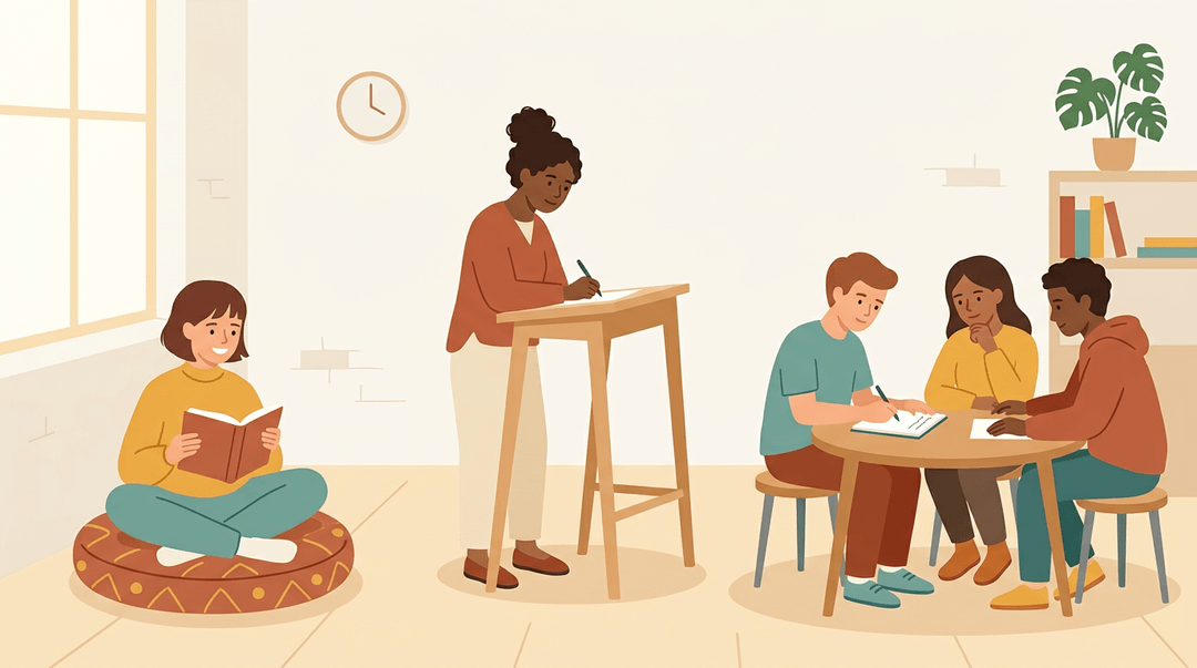 A bright classroom with three students engaged in different learning activities: reading, writing at a standing desk, and collaborating at a table.