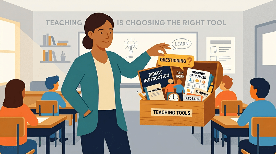A teacher holds a toolbox with tools for direct instruction, questioning, pair work, and graphic organizers.