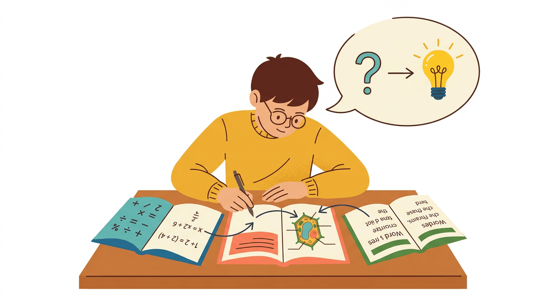 A student with three workbooks on their desk actively writes and connects ideas, with a lightbulb appearing from a question mark in a speech bubble above.