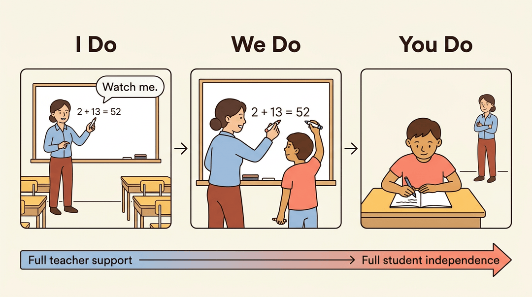 A three-panel illustration shows the teaching progression:
