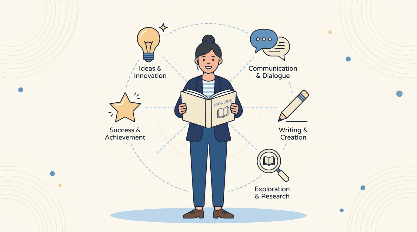 A teacher holds an open book, surrounded by icons symbolizing tools like a lightbulb, speech bubble, pencil, magnifier, and star.