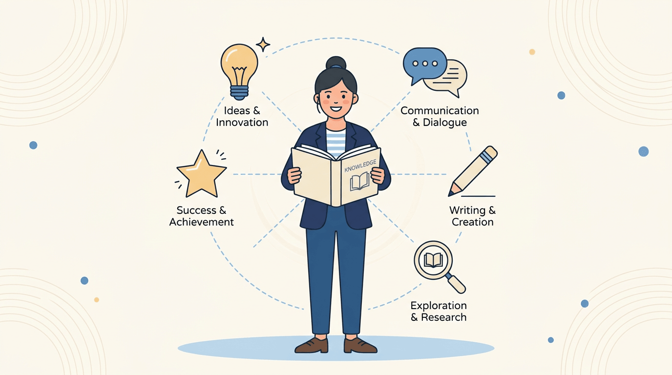 A teacher holds an open book, surrounded by icons symbolizing tools like a lightbulb, speech bubble, pencil, magnifier, and star.