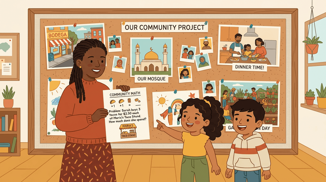 A teacher and two students of color stand before a bulletin board displaying diverse neighborhood scenes and student art.