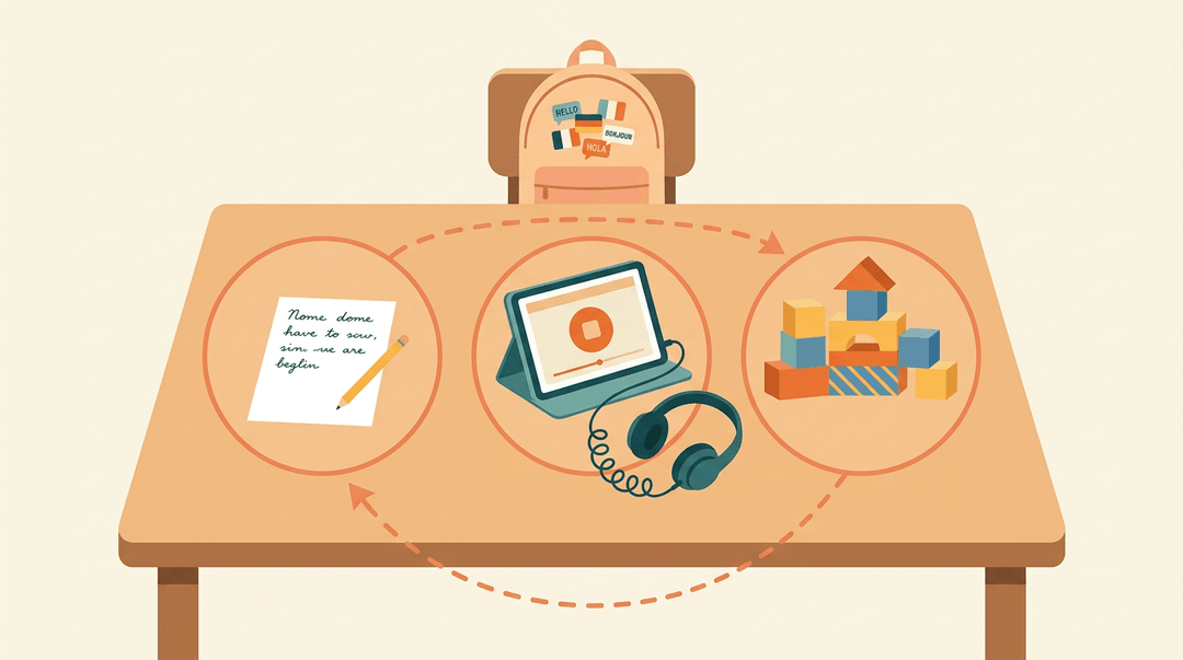 A desk with a pencil and paper, headphones and tablet, and building blocks circled by an arrow, symbolizing open choices.
