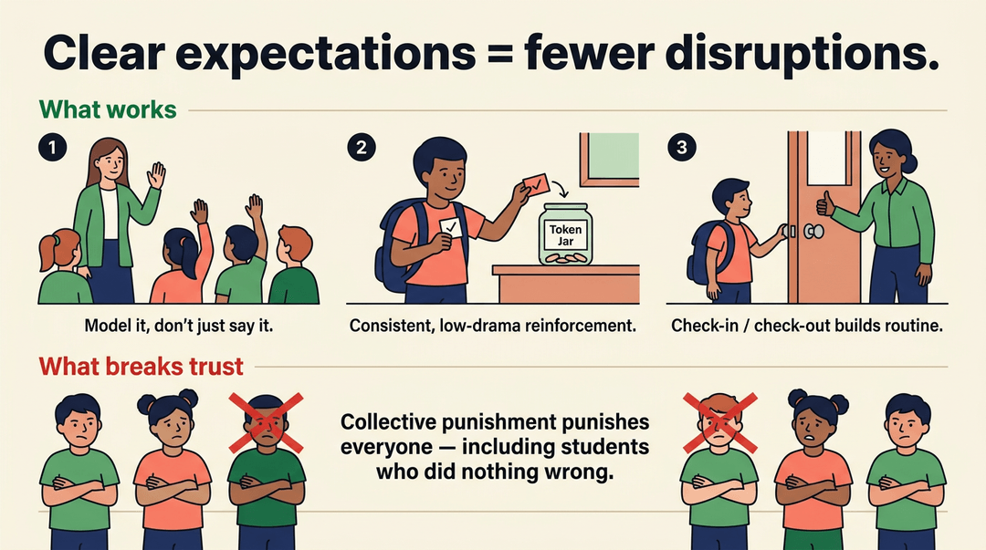 An educational graphic about clear expectations, showing three positive behavior strategies and one harmful, trust-breaking practice.