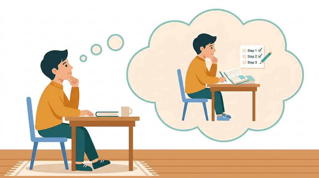 A student in profile at a desk looks up at a thought bubble containing a tiny version of themselves studying.