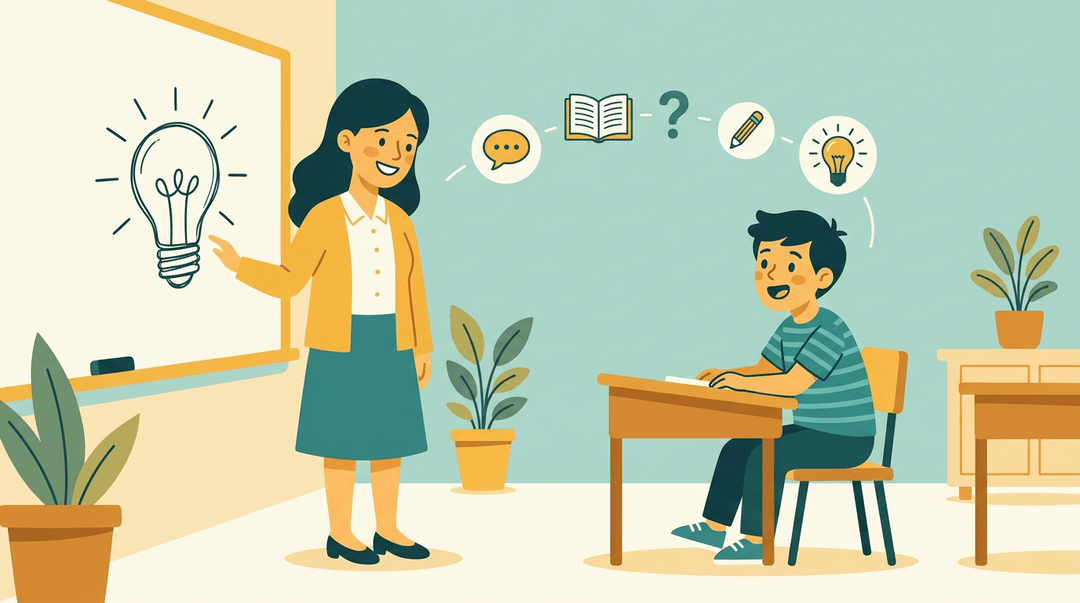 A teacher at a whiteboard and a student at a desk have an