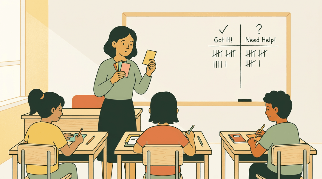 A teacher reviews exit tickets as three students write, with a tally on a whiteboard showing mixed understanding.