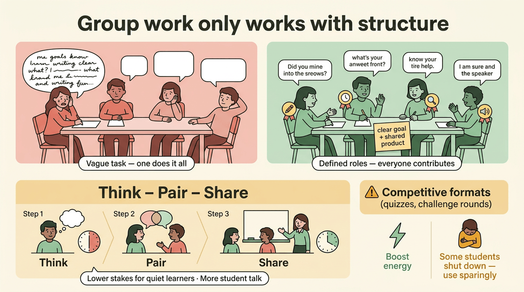 An educational graphic compares unstructured and structured group work, illustrates the