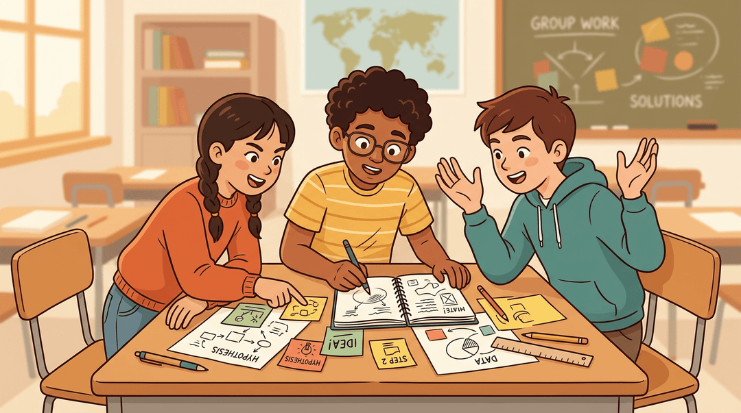 Three students collaborate on a project, surrounded by diagrams and notes, actively discussing and sketching.