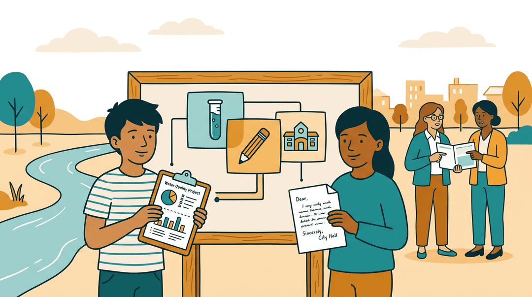 Two students stand by a display board with science, literacy, and civic action icons, while teachers collaborate behind them.