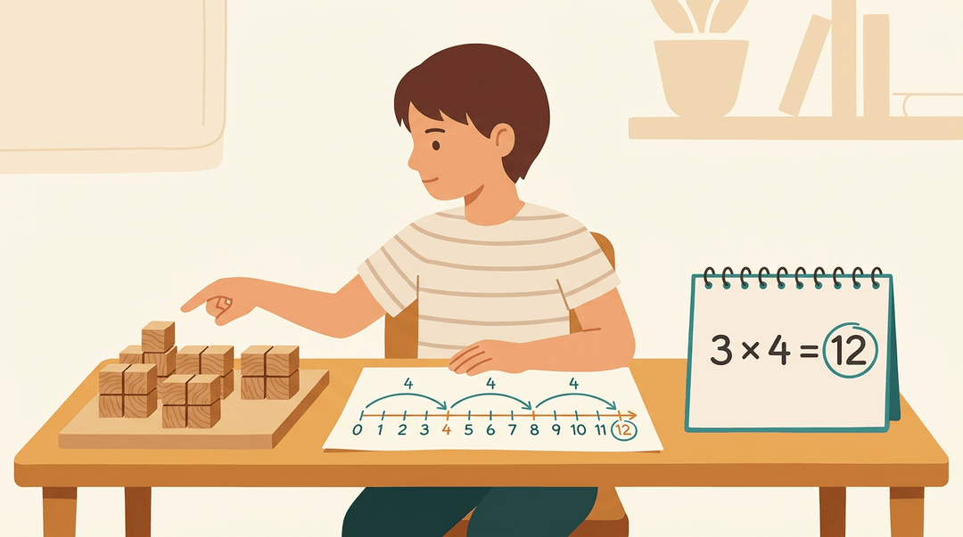 A student at a desk connects concrete base-ten blocks to an abstract equation via a number line.