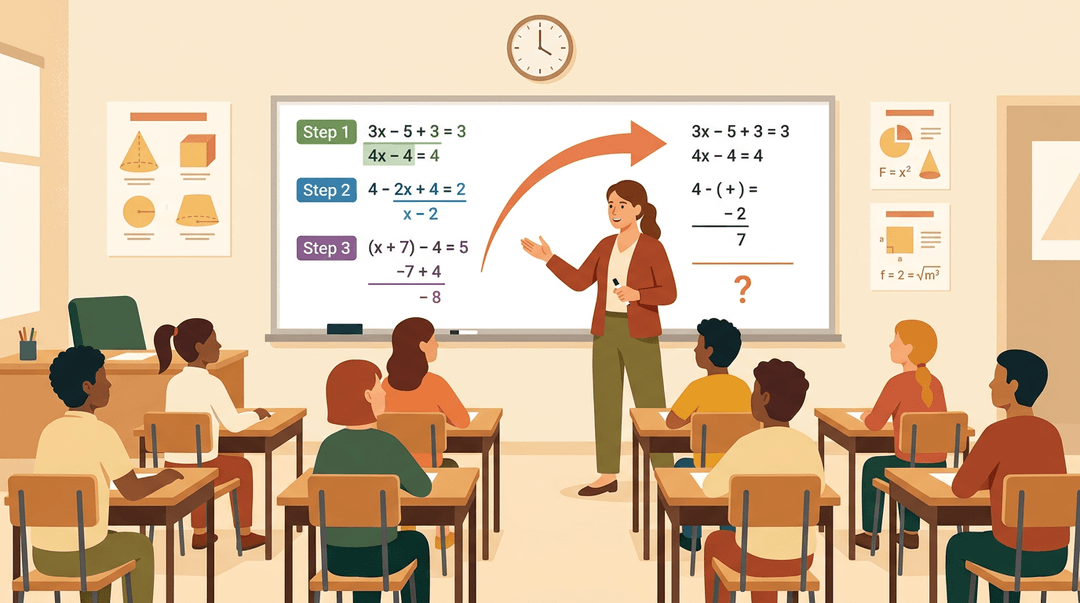 A teacher explains a step-by-step math problem on a whiteboard to attentive students in a classroom.