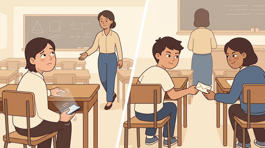 A split illustration showing a student texting under a desk while a teacher approaches, and another passing a note behind the teacher's back.