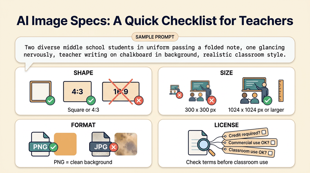 Infographic checklist for teachers on AI image specs: shape, size, format, and license requirements.