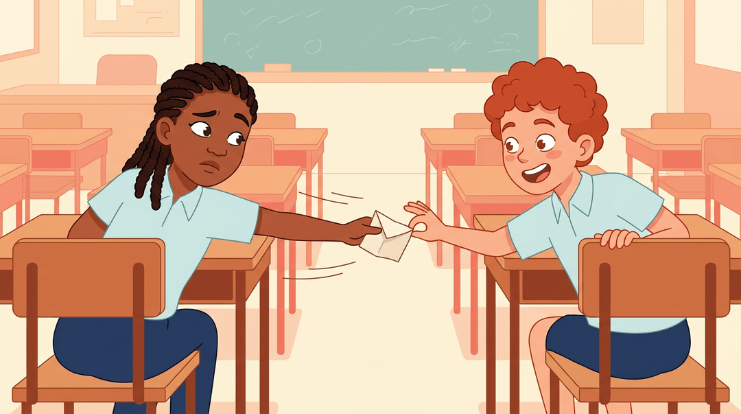 Two students in a classroom pass a folded note across an aisle while glancing nervously toward the front.