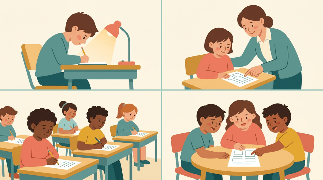 Four scenes show students studying alone, getting teacher help, taking tests, and collaborating.