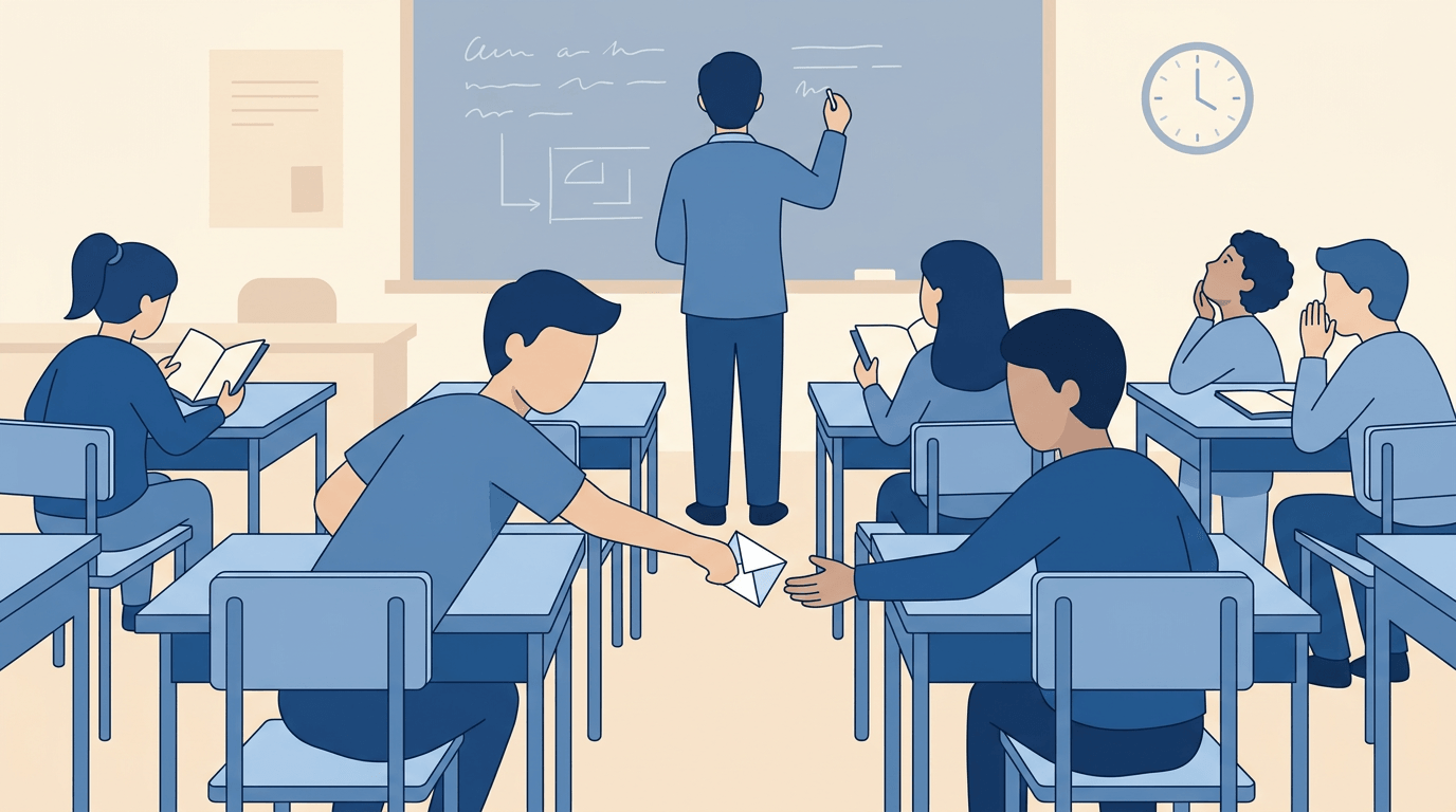 Students pass a folded note in a blue-toned classroom while the teacher writes on the board.