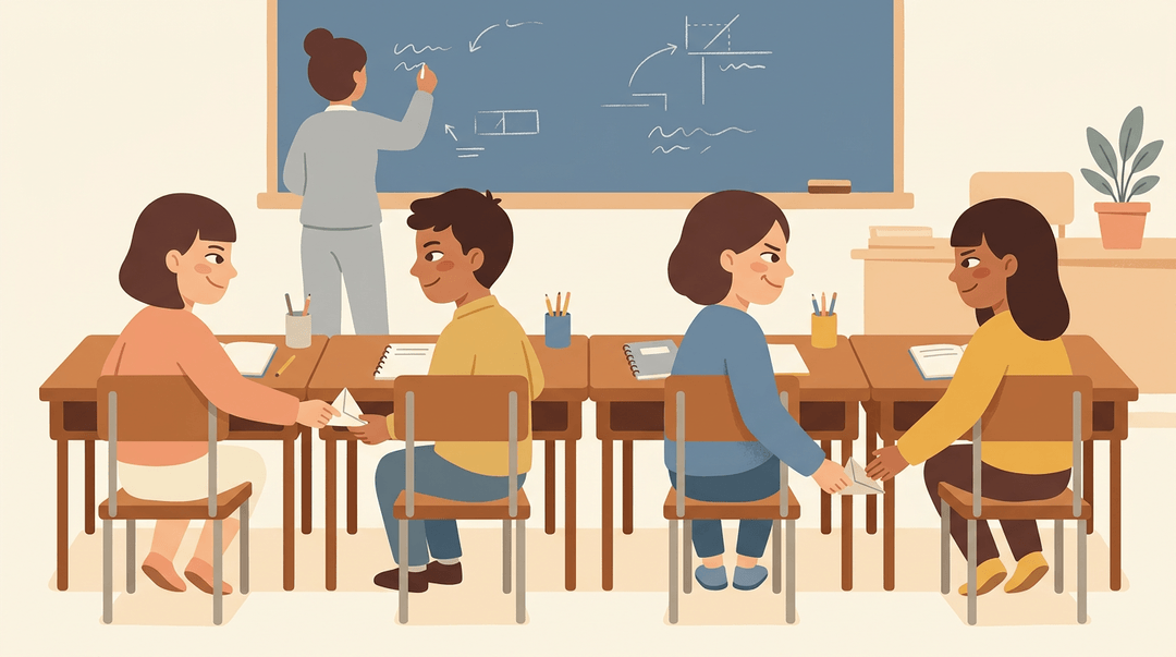 Students pass a folded note hand to hand in class while an unaware teacher writes on the chalkboard.