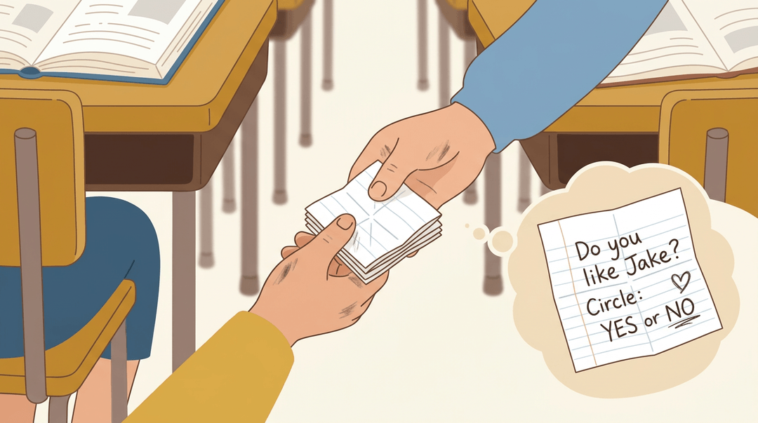 Hands secretly pass a folded note under a desk, with an inset showing the text