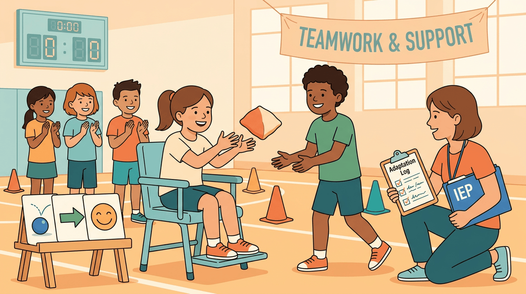 A fourth-grade girl with low muscle tone tosses a beanbag in gym class while her inclusive PE teacher supports her with visual cues.