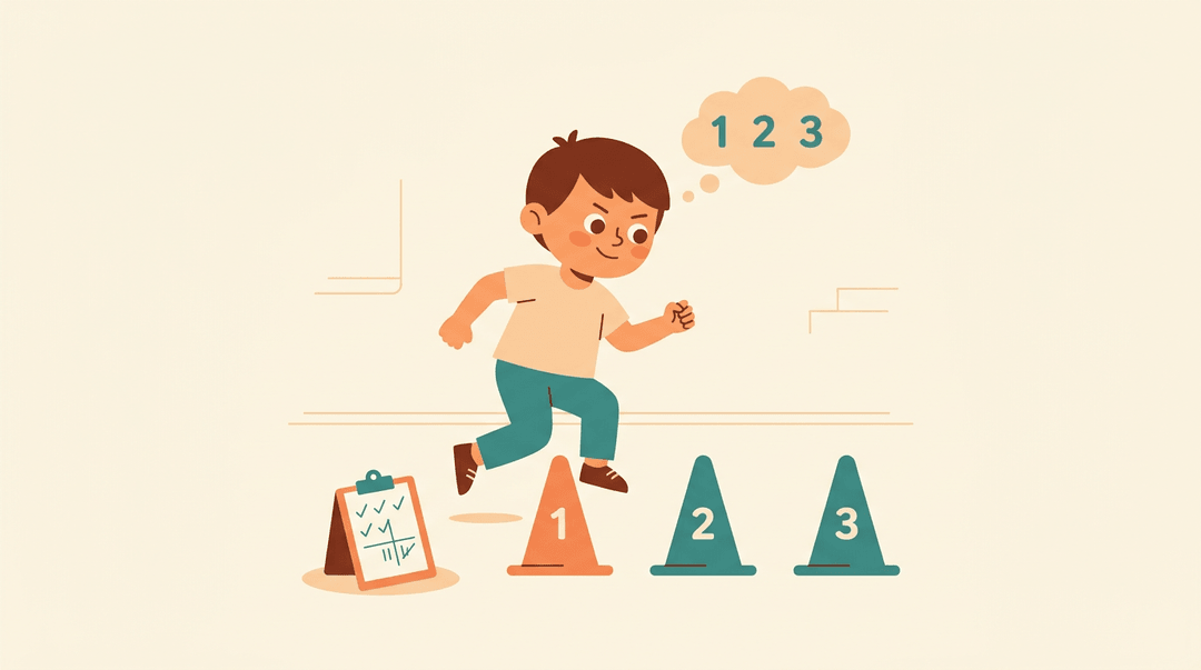 A child hops through numbered markers while visualizing the sequence, demonstrating independent learning and self-tracking.