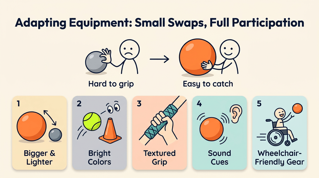 Infographic showing five equipment swaps for inclusion: bigger balls, bright colors, textured grips, sound cues, and wheelchair-friendly gear.