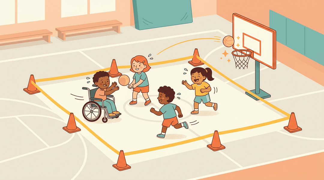 Diverse children, including one in a wheelchair, play basketball in a small-sided gym area with a lowered hoop.