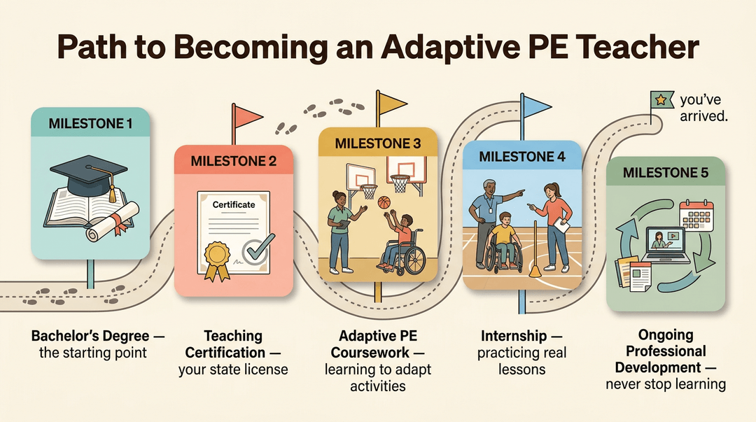 Infographic showing the five-step path to becoming an Adaptive PE Teacher, from degree to professional development.