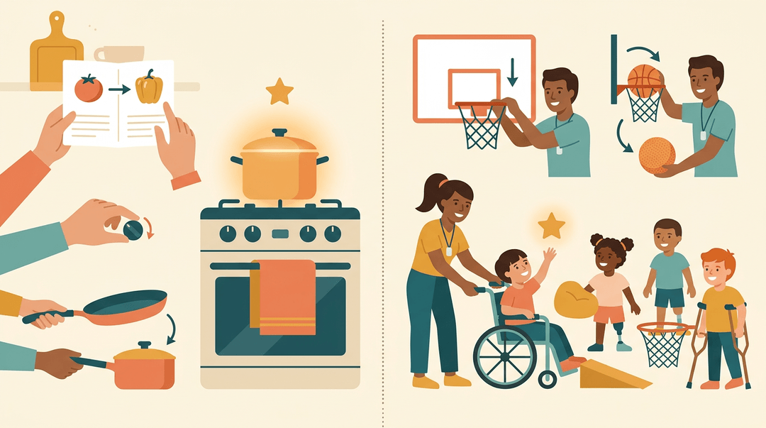 Split illustration shows adapting recipes and gym activities to ensure inclusive success for all students.