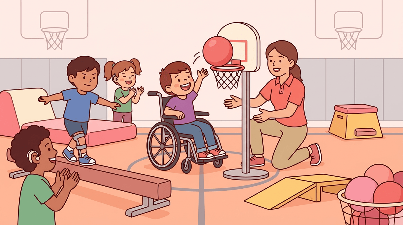 A teacher cheers as a child in a wheelchair tosses a ball, while peers with leg braces and hearing aids play alongside in an inclusive gym.