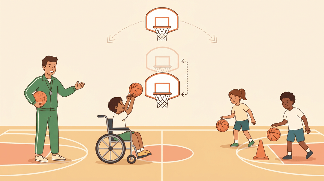 A child in a wheelchair shoots at an adjustable hoop while peers practice nearby, showing inclusive PE with varied paths to the same goal.