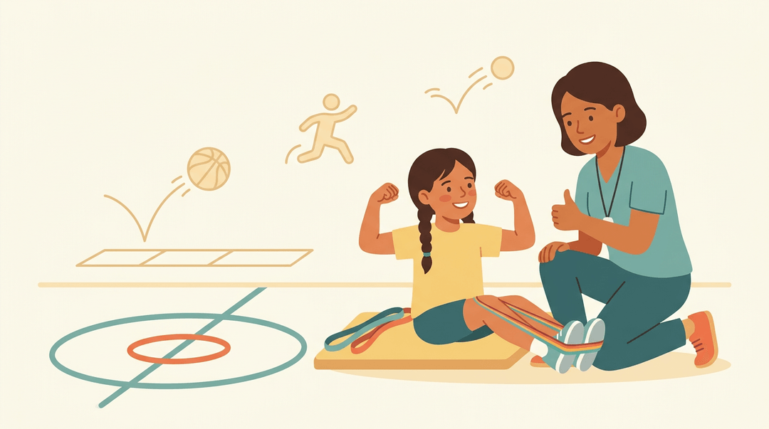 A fourth grader uses a resistance band in gym class while her teacher gives an encouraging thumbs up.