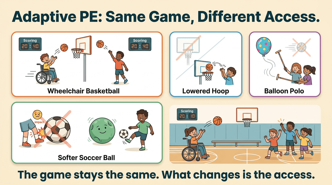 Poster showing four adaptive PE examples: wheelchair basketball, lowered hoop, softer ball, and balloon polo.